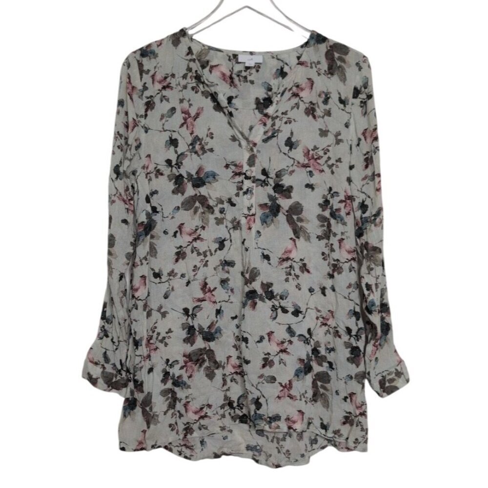 J Jill Floral Popover Womens Size Medium Green LIghtweight Relaxed Long Sleeve